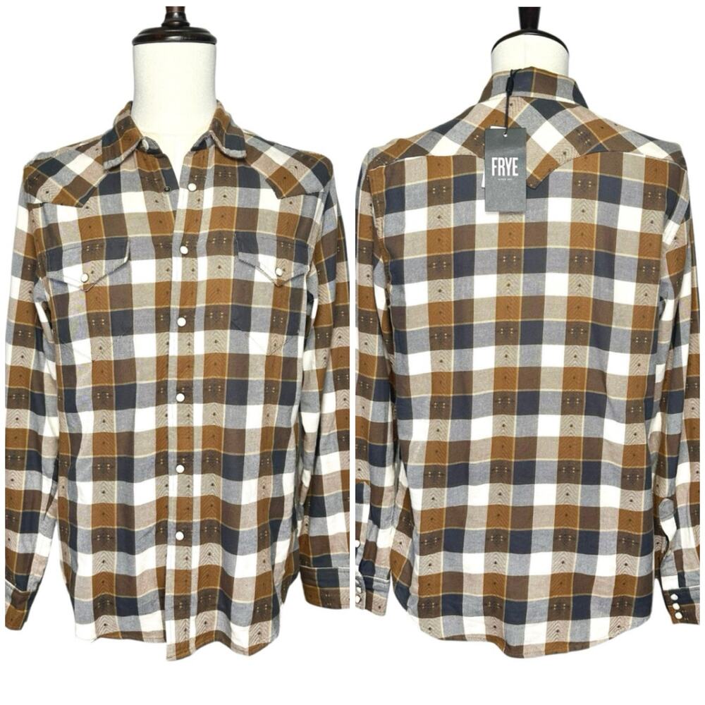 Frye | Men | Jacquard Plaid Flannel Western Pearl Snap Button Down Shirt | Small